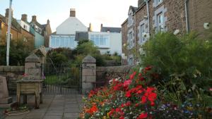 a garden with flowers and houses in the background at The Old Legion in Eyemouth