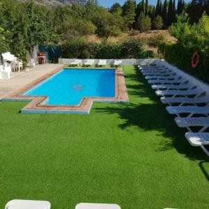 a large swimming pool with lounge chairs and a lawn at CABAÑAS DE MADERA LA FLORIDA in Arroyo Frio