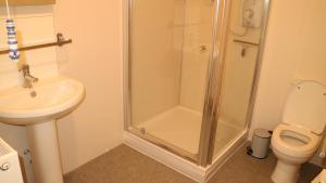 a bathroom with a shower and a toilet and a sink at The Old Legion in Eyemouth +10 photos