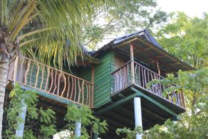 une cabane verdoyante dans les arbres avec un balcon dans l'établissement Yala Eco Tree House, à Tissamaharama