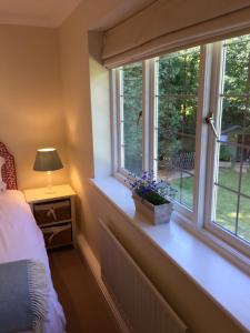 a bedroom with a bed and a window with a plant at Tirol House in Thakeham