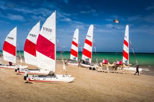 a group of sailboats on a beach with people and horses at TUI MAGIC LIFE Penelope Beach - Families & Couples in Midoun