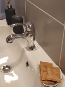 - un lavabo avec un robinet et un porte-savon dans l'établissement Le petit pressoir, à Saint-Gatien-des-Bois