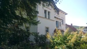 een wit gebouw met bomen ervoor bij Villa Heimburg in Thale