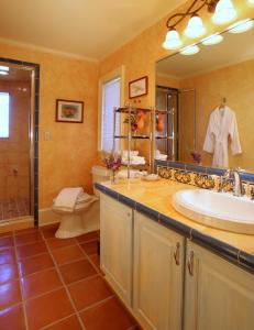 a bathroom with a sink and a toilet and a mirror at L'Auberge Provencale Inn & Restaurant in Boyce