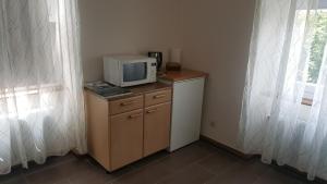 a microwave sitting on top of a counter with a tv at Waldshut-Zentrum in Waldshut-Tiengen