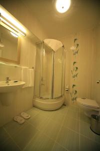 a bathroom with a shower and a toilet and a sink at Iksir Resort Town in Daday