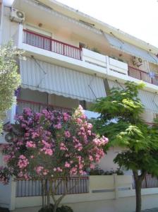 a building with a flowering tree in front of it at Villa Sofia in Limenaria