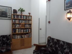 盧克索的住宿－阿爾漢布拉酒店，客厅设有书架,书架上摆放着书籍