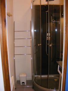 a shower with a glass door in a bathroom at Les mimosas in La Bresse