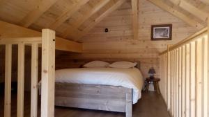 ein Schlafzimmer in einem Blockhaus mit einem Bett in der Unterkunft Le chalet des Pierres in Viuz-en-Sallaz