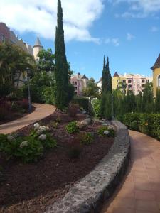 サンタ・ウルスラにあるAcogedor Tenerife Norteの木々や建物が並ぶ公園内の歩道