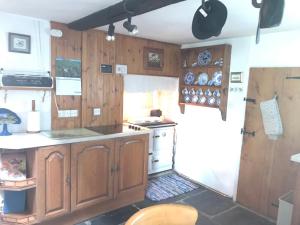 a kitchen with wooden cabinets and a stove at Pen y Crug Cottage in Llanafan-fawr