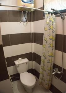 a bathroom with a toilet and a shower curtain at Hue Happy Homestay in Hue