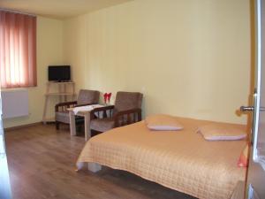 1 dormitorio con 1 cama, mesa y sillas en Vila Sport Borsec en Borsec