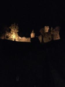 een groot kasteel 's nachts met lichten aan bij La Flamme Wertheim garni in Wertheim