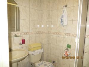 a bathroom with a sink and a toilet and a shower at Hostal El Rincon Marino in Valparaíso
