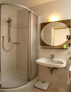 a bathroom with a shower and a sink and a mirror at Villa Insam Apartment in Selva di Val Gardena +12 photos