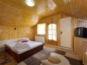 a bedroom with a bed and a tv in a cabin at Pensiunea Bobu in Izvoru Muntelui