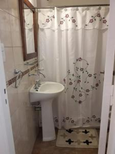 ein Bad mit einem Waschbecken und einem Duschvorhang in der Unterkunft Cerca de Todo in Miramar