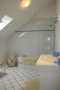 uma casa de banho com um chuveiro, um lavatório e uma banheira em Gîte du Moulin de Montrésor em Montrésor