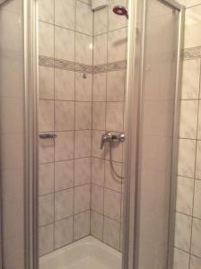 a shower with a glass door in a bathroom at Ferienappartement Souterrain in Volkertshausen +22 photos