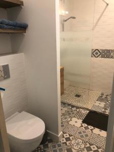 a bathroom with a toilet and a shower at Chambre d'hôtes La Bourdonnaise in Bourdonné