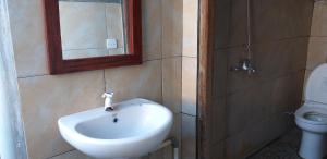 a bathroom with a sink and a mirror and a toilet at Amed Sari Beach Guesthouse in Amed