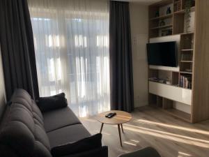 a living room with a couch and a large window at Memel home old city apartment in Klaipėda