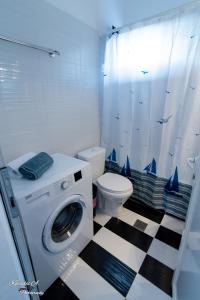 a bathroom with a washing machine and a toilet at Riva Del Mare in Archangelos
