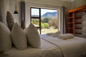 a bedroom with a large bed with a large window at Birchwood A & B @ Clarens in Clarens