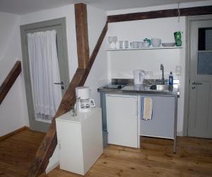 フレンスブルクにあるStudio mit Panoramablickの小さなキッチン(カウンター、シンク付)