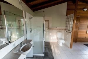 a bathroom with a shower and a sink and a toilet at Southern Anchorage Retreat in Wattle Hill