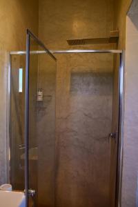 um chuveiro com uma porta de vidro na casa de banho em Birchwood A & B @ Clarens em Clarens