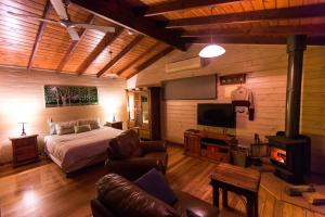 Southern Anchorage Retreat في Wattle Hill: غرفة نوم بسرير وتلفزيون ومدفأة