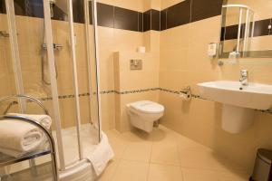 a bathroom with a toilet, sink and shower at Arena Hotel Spa & Wellness in Tychy