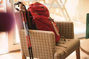 Ein Rucksack und zwei Baseballschläger auf einem Stuhl in der Unterkunft Hotel Regina in Oberbozen