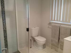 a white bathroom with a toilet and a shower at Banksia Apartment in Maryborough +3 photos
