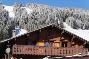 a log cabin in the snow with snow covered trees at Edelweiss in Les Gets