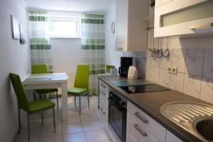 LangenにあるNatur und Erlebnisのキッチン(緑の椅子、テーブル、シンク付)