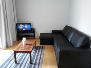 uma sala de estar com um sofá preto e uma mesa de centro em Apartamentos América - Blue Sea II no Funchal