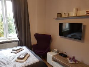 1 dormitorio con 1 cama, 1 silla y TV de pantalla plana en A.G - Apartamenty Warsaw Center, en Varsovia