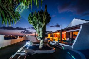 a palm tree in a planter in front of a house at Magnífica Villa al lado del mar in Arrecife