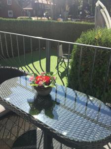 a glass table with a pot of flowers on a balcony at Appartment Ostseetraum in Ahlbeck
