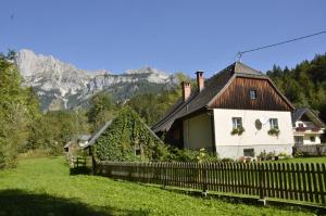 ein Haus mit einem Zaun und Bergen im Hintergrund in der Unterkunft Haus Rosina in Admont