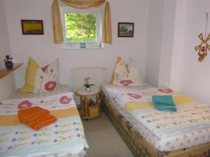 two twin beds in a room with a window at Feriendomizil SONNE , SAND & MEER in Zinnowitz