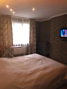 トラスコヴェッツにあるАпартаментиのベッドルーム1室(ベッド1台、壁掛けテレビ付)