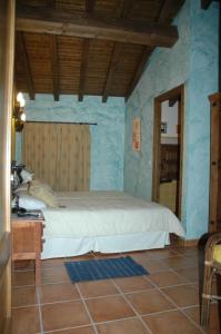 a bedroom with a bed in a room with blue walls at Casa Rural El Pedroso in Villar del Pedroso
