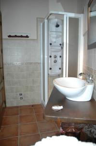 a bathroom with a sink and a shower at Casa Rural El Pedroso in Villar del Pedroso +5 photos