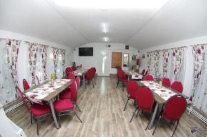 a dining room with tables and red chairs at Pensiunea Irina in Brad